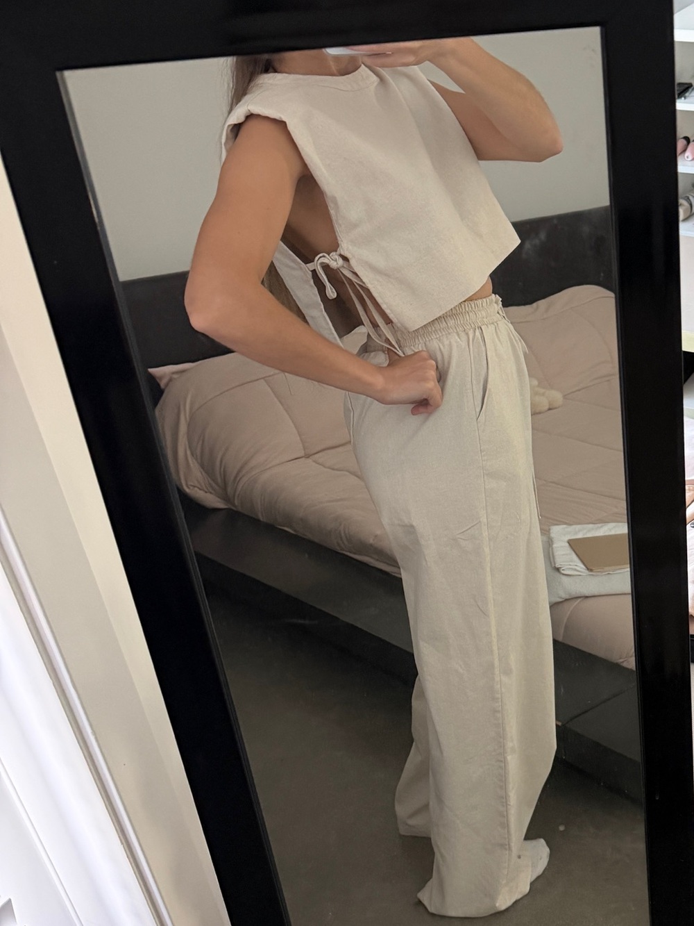 Cream linen Wide-Leg Drawstring Pants — Relaxed High-Rise - Picture 2 of 7